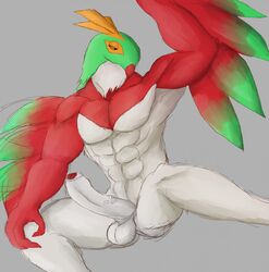 2019 anthro avian avian_humanoid balls daikuhiroshiama erection hawlucha humanoid_penis male male_only muscular nintendo nude pecs penis pokémon_(species) pokemon simple_background solo uncut video_games wings