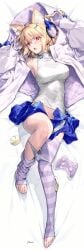 1girls :d animal_ear_fluff animal_ears arcueid_brunestud big_breasts black_panties blonde_hair blue_skirt blush bodystocking bow breasts camisole cat_ears controller crescent crescent_hair_ornament crop_top crop_top_overhang fate/grand_order fate_(series) female female_only fingerless_gloves full_body game_controller gamepad gloves hair_ornament headphones highres hood hooded_jacket jacket kousaki_rui large_breasts light-skinned_female long_sleeves looking_at_viewer miniskirt oerba_yun_fang open_mouth panties panty_pull phantas-moon phantas-moon_(second_ascension) purple_gloves purple_thighhighs red_eyes shirt short_hair skin_fang skirt sleeveless sleeveless_shirt smile solo stirrup_legwear striped_clothes striped_gloves striped_thighhighs thighhighs toeless_legwear torn_bodystocking torn_clothes underwear white_camisole white_jacket white_shirt