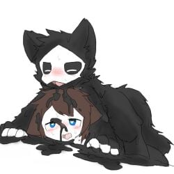 1:1 4_fingers anthro assimilation betrayal black_sclera blue_eyes blush bodily_fluids bound brown_hair canid canine canis changed_(video_game) chano digital_media_(artwork) duo encasement fingers fusion goo_creature goo_drip goo_transformation hair heart_eyes heart_symbol human lin_(changed) looking_pleasured lying male male/male male_anthro mammal mask on_front orgasm pinned puro_(changed) simple_background species_transformation sweat tongue tongue_out transformation white_background white_body white_eyes wolf