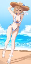 bandages bandaid beach bikini blue_bikini blue_eyes blue_sky blush breasts brown_hair cloud collarbone day female full_body hair_ornament hat horizon looking_at_viewer medium_breasts nail_polish navel ocean outdoors ribbon sandals short_hair side-tie_bikini sky solo standing straw_hat striped striped_bikini sun_hat swimsuit toenail_polish vyugen water yenko