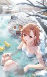 1girls 2020s 2024 bare_shoulders blush breasts brown_eyes cleavage collarbone female flower hair_flower hair_ornament hi_res light_brown_hair looking_at_viewer medium_hair misaka_mikoto naked_towel nyamunyamu onsen open_mouth outdoors parted_bangs partially_submerged rubber_duck small_breasts smile snow solo steam teenage_girl teenage_tits teenager to_aru_kagaku_no_railgun to_aru_majutsu_no_index towel young young_female