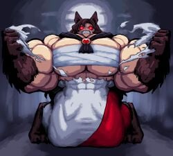 1girls abs abs_visible_through_clothing animal_ears animal_feet biceps brooch brown_hair dark_forest female forest_background full_moon fur glowing_eyes hyper_muscles kagerou_imaizumi light-skinned_female light_skin long_hair meme_reference monster_girl muscle_growth muscles muscular muscular_female night nodegama on_knees partial_transformation red_eyes sarashi scarf sharp_teeth snarling tearing_clothes touhou transformation werewolf wolf_ears wolf_girl