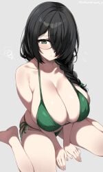 bikini black-framed_eyewear black_hair braid breasts cleavage female glasses green_bikini green_eyes grey_background hair_over_one_eye highres indie_virtual_youtuber kanoto_kaoru large_breasts long_bangs side-tie_bikini_bottom simple_background single_braid sitting solo swimsuit urabanasimati wariza