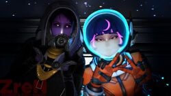 2girls 3_fingers 3d ahe_gao ahegao_face alien alien_girl blender blue_hair cum cum_in_helmet cum_on_face helmet human juno_(overwatch) mass_effect overwatch overwatch_2 quarian space spacesuit tali'zorah_nar_rayya teo_minh v_sign watermark zren
