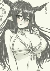 bikini breasts cleavage commentary_request covered_nipples crescent danua danua_(summer)_(granblue_fantasy) draph female front-tie_bikini_top front-tie_top granblue_fantasy hair_between_eyes highres horn_ornament horns huge_breasts jewelry long_hair monochrome navel necklace official_alternate_costume pas_(paxiti) pointy_ears sketch solo strap_gap swimsuit underboob