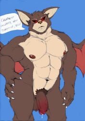 abs anthro balls bat blush bodily_fluids brown_body brown_fur code_b english_text flaccid fur genital_fluids genitals hi_res hopelesshighschool male mammal muscular muscular_anthro muscular_male nipples nude pecs penis precum solo text wings xxl_woofia