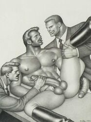 1980s 1986 3boys ass erect_nipples erection facial_hair gay holding_penis huge_cock imminent_fellatio legs_held_open male male_only multiple_boys multiple_penises open_fly penis penis_grab penis_out spread_legs straight_hair suit threesome tom_of_finland topless traditional_media_(artwork) two_on_one yaoi