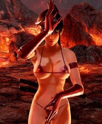 alluring big_breasts bikini black_and_red_and_purple_hair brimstone_and_fire_(stage) cleavage elbow_gloves female hat kitsune_marks kunimitsu_ii kunoichi lava mod namco posing tekken under_boob volcano