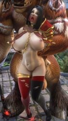 1boy 1girls ahe_gao baronne_maria_jacqueline big_breasts black_hair blizzard_entertainment from_behind headwear high_heels holding_arm huge_cock human_(world_of_warcraft) makeup purple_eyes restrained ripped_clothing shoulder_pads size_difference socks standing stockings stomach_bulge tauren thick_thighs world_of_warcraft zentaeron