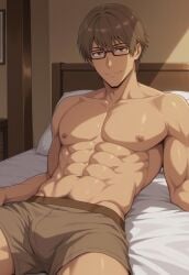 1boy abs ai_generated arm_support bed boxer_briefs brown_boxer_briefs brown_briefs_only brown_male_underwear brown_underwear bsky_link buddy_daddies bulge civitai dvxxxgrai gay illustrious_(stable_diffusion) indoors kugi_kyutaro lying_on_bed male male_only navel nipples nude smile solo solo_male tagme underwear underwear_only yaoi