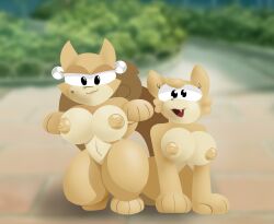 animal_ears anthro begging begging_pose blurred_background breasts brown_body brown_fur conjoined_eyes crouching duo exposed_breasts eyelashes female fluffy fluffy_tail fur happy_smile heart_on_body hi_res humanoid latex looking_at_viewer mammal midriff nipple_slip park paws pinup pose rodent sciurid sillyseacreatur sitting sitting_on_ground smug_face squirrel tail tree_squirrel