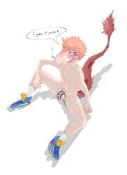 absurd_res anthro balls blush blush_lines cavemanon_studios chastity_cage chastity_device clothing dinosaur dromaeosaurid embarrassed english_text feathers footwear genitals goodbye_volcano_high hair hi_res looking_away male nude penis pink_body prehistoric_species reed_(gvh) reptile scalie shoes simple_background sitting smile snoot_game solo tail temnelc text theropod velociraptor white_background