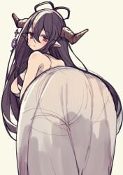 ass ass_focus bandaged_arm bandages bare_shoulders black_hair blush breasts commentary_request corset cowboy_shot crescent danua draph dress female gloves granblue_fantasy hair_between_eyes highres horn_ornament horns large_breasts leaning_forward long_hair looking_at_viewer parted_lips pointy_ears red_eyes shiroie_mika sidelocks simple_background sleeveless sleeveless_dress solo standing straight_hair very_long_hair white_background white_dress