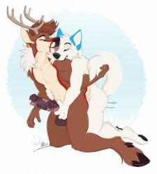 2019 anal anal_sex animal_genitalia animal_penis anthro anthro_on_anthro anthro_penetrated anthro_penetrating anthro_penetrating_anthro antlers balls big_balls big_penis biped bite blue_body blue_eyes blue_fur bodily_fluids brown_body brown_fur canid canine canis deer digitigrade dripping duo equine_genitalia equine_penis erection eyes_mostly_closed face_lick fingers flared_penis fur genital_fluids genitals head_turned hooves horn humanoid_hands interspecies kwik_(artist) licking looking_at_another lydus_(fingarfin) male male/male male_penetrated male_penetrating male_penetrating_male mammal medial_ring mismatched_genitalia mismatched_penis motion_lines multicolored_body multicolored_fur narrowed_eyes nude_anthro nude_male obscured_penetration pawpads paws penetration penile penile_penetration penis penis_grab penis_in_ass precum precum_drip predator/prey predator_penetrating_prey reach_around red_body red_fur sex shoulder_bite signature simple_background size_difference skoll_(wolf-skoll) smaller_pred tail tan_body tan_fur tongue white_body white_fur wolf