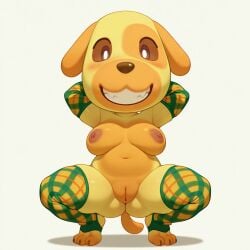 ai_generated animal_crossing anthro armwear big_breasts big_butt canine domestic_dog female fur goldie_(animal_crossing) grin hands_behind_head looking_at_viewer mammal pattern_armwear pattern_clothing pattern_legwear pussy solo squatting stirrup_legwear stirrup_stockings tail teeth thighhighs