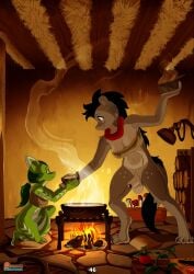 2025 absurd_res anthro balls bent_legs big_breasts black_hair blush bottomless breasts brown_body brown_fur canid canine claws cleavage closed_eyes clothed clothing colored comic digital_media_(artwork) duo feet fingers fire food fox full-length_portrait fungus fur fur_markings futanari genitals green_body green_fur green_hair hair herm hi_res hindpaw holt_(spoogiehowl) hug hyena intersex kneeling_oral_position line_art looking_at_viewer mammal markings muscular mushroom patreon paws ponytail portrait rock scarf shaded shy simple_background sitting size_difference speech_bubble spoogiehowl spread_legs spreading standing steam story tail text thick_thighs tight_clothing topwear url wood