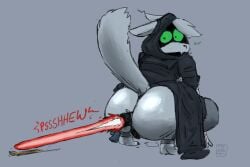 alien anal anal_sex antennae_(anatomy) anthro apollo_caelum ass bulge clothing colored crouching digital_media_(artwork) dragon feet femboy hi_res hood lightsaber male melee_weapon mythological_creature mythological_scalie mythology penetration rear_view robe scalie sith soles solo star_wars surprise tail theserg weapon