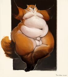 animal_genitalia anthro ass balls belly belly_rolls big_balls big_belly big_butt canid canine deep_navel double_chin fat_arms fat_rolls fox genitals hi_res huge_balls huge_belly huge_butt in_doorway male mammal moobs navel nude obese obese_male overweight overweight_male pearybear sheath solo thick_thighs wide_hips