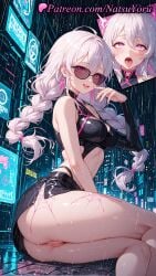 1girls 2025 ai_generated ass bangs bare_shoulders black_skirt braid breasts crop_top earrings epic_games female fortnite fortnite:_battle_royale hair_between_eyes heart-shaped_pupils hi_res highres jewelry long_hair looking_at_viewer looking_over_eyewear medium_breasts microskirt miniskirt natsuyoru open_mouth oshiri patreon purple_eyes pussy pussy_juice rain sabina_(fortnite) skirt smile solo sunglasses thighs tongue tongue_out twin_braids uncensored voluptuous voluptuous_female wet white_hair