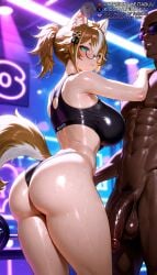 1boy _dark_skin abs ai_generated animal_ear_fluff animal_ears ass back balls bare_shoulders black-framed_eyewear black_sports_bra blurry blurry_background blush breasts brown_hair closed_mouth clothed_female_nude_male completely_nude dark-skinned_male dark_skin dog_ears dog_girl dog_tail erection female flaccid from_behind genshin_impact glasses gorou_(genshin_impact) green_eyes hair_between_eyes hair_ornament hand_on_another's_shoulder indoors interracial large_breasts large_penis long_hair looking_at_viewer looking_back male male_pubic_hair meitabuu ms_hina_(genshin_impact) multicolored_hair navel nude penis ponytail pubic_hair short_hair solo_focus sports_bra standing straight streaked_hair sweat tail testicles thighs toned uncensored veins veiny_penis white_hair