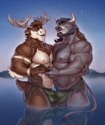 anthro anthro_on_anthro antlers barazoku belly_hair body_hair bovid bovine brown_body brown_eyes brown_fur brown_hair bulge bulge_frottage cattle cheek_tuft chest_hair chest_tuft closed_smile clothed clothing deer detailed_bulge diffuse_moose duo edvardiko eye_contact facial_tuft fur genital_outline green_clothing green_eyes green_jockstrap green_underwear grey_antlers grey_body grey_fur hair hand_holding hi_res horn jockstrap looking_at_another male male/male mammal moose mouth_closed musclegut muscular muscular_anthro muscular_male neck_tuft new_world_deer open_mouth open_smile outside partially_submerged pecs penis_outline romantic romantic_couple short_hair smile standing star tan_body tan_fur topless tuft underwear water