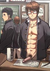 3boys abs arms_behind_back bar_censor bara black_hair bottomless brown_hair censored chalkboard desk flaccid foreskin gakuran glasses highres looking_at_another male male_only measuring multiple_boys muscles nikuo_(29niku) open_clothes original paper pencil penis penis_measuring rectangular_eyewear red-framed_eyewear school school_uniform semi-rimless_eyewear sideburns sweatdrop thumbtack under-rim_eyewear yaoi