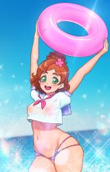 1girls belly_button breasts female female_only floatie go!_princess_precure green_eyes haruno_haruka light-skinned_female nipples nipples_visible_through_clothing nypdesu orange_hair precure pretty_cure sea solo toei_animation wet wet_clothes