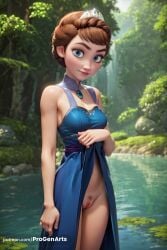 1girls ai_generated artist_name bare_arms bare_shoulders blue_dress blue_eyes braid breasts brown_hair clothes_lift cowboy_shot day disney dress dress_lift female_pubic_hair freckles frozen_(film) frozen_2 hi_res iduna iduna_(frozen) jewelry lifted_by_self lips looking_at_viewer nature no_panties nose outdoors patreon_username progenarts pubic_hair pussy realistic short_hair sleeveless small_breasts smile solo standing tiara uncensored water waterfall watermark web_address