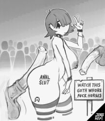 1girls animal_penis black_and_white female female gigantic_penis goth goth_girl horse horse_penis horsecock jemphep long_hair pierced_nipples public public_nudity stockings text thick thick_ass thick_thighs zoophilia zoophillia