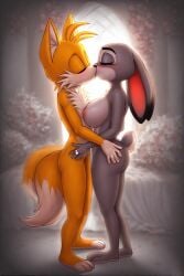 ai_generated ass bed bedroom blush butt_grab crossover crossover_kiss crossover_pairing crossover_ship crossover_shipping digit_ring disney duo fox grey_fur hand_on_butt husband_and_wife interspecies interspecies_marriage interspecies_romance jewelry judy_hopps kiss_on_lips kissing married_couple miles_tails_prower naked nude orange_fur rabbit ring sega sonic_(series) standing tails tails tails_the_fox wedding_ring zootopia