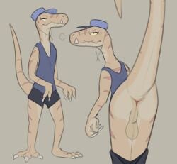 absurd_res anthro anus balls bottomwear bottomwear_down claws clothed clothing dinosaur dromaeosaurid genitals guitarzard hat headgear headwear hi_res hole_(anatomy) looking_at_viewer male markings pants pants_down partially_clothed perineum prehistoric_species raised_tail reptile scalie shirt shorts solo striped_markings striped_tail stripes tail tail_anus tail_markings tan_body tank_top teeth_showing theropod thick_tail topwear velociraptor yellow_eyes