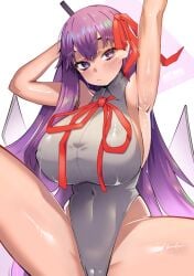 animahakim arm_behind_head arm_up armpits bare_shoulders bb_(fate) bb_(swimsuit_mooncancer)_(fate) bb_(swimsuit_mooncancer)_(third_ascension)_(fate) blush breasts covered_navel fate/grand_order fate_(series) female hair_ribbon highleg highleg_leotard large_breasts leotard long_hair looking_at_viewer neck_ribbon purple_eyes purple_hair red_ribbon ribbon solo spread_legs thighs very_long_hair white_leotard