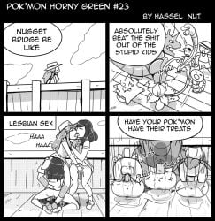3boys 3girls bridge bug_catcher camper_(pokemon) clefairy comic cunnilingus defeated ekans english_text female fingering fingering_pussy fluids hat ivysaur kissing kneeling lass_(pokemon) lass_(pokemon_rgby) leaf_(pokemon) male mating_press monochrome nidoking npc_trainer pokemon pokemon_frlg pokephilia pussy pussy_juice sex skirt skirt_lift speech_bubble straight text vaginal vaginal_penetration vaginal_sex weedle wolfgang_bang yuri