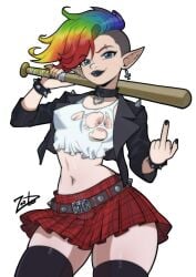 baseball_bat black_lipstick blue_eyes cropped_jacket dyed_hair elf_ears middle_finger nipple_piercing nipples_visible_through_clothing original_character pale_skin plaid_skirt punk rainbow_hair shaved_side thick_thighs thighhighs torn_shirt zoobastik
