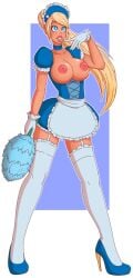 big_breasts blonde_hair blue_eyes breasts breasts_out breasts_outside feather_duster female female_only garter_belt gloves happy_trance high_heels large_breasts large_lips long_hair maid maid_headdress maid_uniform metroid_(series) nintendo open_clothes ponytail samus_aran smile solo spiral_eyes symbol_in_eyes thighhighs wrenzephyr2