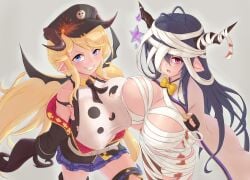 2girls antenna_hair bandage_over_one_eye bandaged_arm bandaged_head bandaged_leg bandages bare_shoulders black_gloves black_hair black_jacket blonde_hair blue_eyes blue_skirt bow bowtie breast_press breasts cleavage cleavage_cutout clothing_cutout cowboy_shot cream_cod danua draph fingerless_gloves gloves granblue_fantasy grin hair_between_eyes hallessena halloween halloween_costume hat highres horn_ornament horns jack-o'-lantern jacket large_breasts long_hair looking_at_viewer miniskirt multiple_girls off_shoulder open_clothes open_jacket open_mouth peaked_cap plaid_clothes plaid_skirt pleated_skirt pointy_ears red_eyes shirt skirt sleeveless sleeveless_shirt smile star_(symbol) thighhighs yellow_bow yellow_bowtie