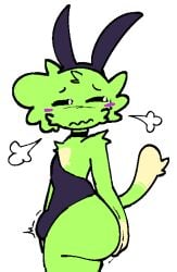 2025 alien antennae_(anatomy) anthro arm_tuft ass black_sclera blush breath bulge bunny_costume clothed clothing costume dumpy emanata embarrassed erection erection_under_clothing fake_ears fake_rabbit_ears femboy freckles gloves_(marking) green_body hi_res male markings shoulder_tuft skimpy solo thick_thighs tuft weirdenned zeke_(weirdenned)