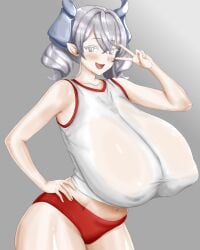 1girls absurd_res bloomers blush clothing demon demon_girl demon_horns duel_monster female female gym_uniform huge_breasts labrynth_of_the_silver_castle large_breasts looking_at_viewer lovely_labrynth_of_the_silver_castle manoftwo3821 milf navel open_mouth peace_sign silver_eyes smile solo thighs twintails white_hair younger_female yu-gi-oh!