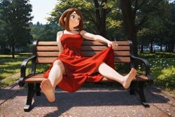 ai_generated bakedcookie barefoot dress feet foot_focus highres my_hero_academia ochako_uraraka park park_bench red_dress skirt_lift smiling sundress