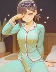 1boy 1futa 2025 ai_generated arm_support artist_name bed blurry blurry_background blush brown_hair bulge chainsaw_man cock dick erection erection_under_clothes futanari hair_ornament hairclip heart hi_res higashiyama_kobeni high_quality high_resolution highres male_focus mole mole_under_eye novalust one_eye_closed patreon patreon_username penis sitting solo stable_diffusion testicles watermark