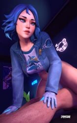 1boy 1boy1girl 1girls 3d 3d_model blue_eyes blue_hair bottomless epic_games female fortnite:_battle_royale hands_on_legs jacket led_light lepermessiah light-skinned_female light-skinned_male light_skin lightrider_(fortnite) looking_at_another looking_back male/female no_panties partially_clothed reverse_cowgirl_position riding riding_penis sex t-shirt white_skin x_redeyes