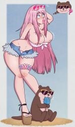 bare_legs beach big_breasts bimbo bimbo_body bimbo_lips bimbofication blue_eyes clothed_exposure confused denim_shorts dumb gradient_background hand_on_head high_heels huge_breasts jean_shorts large_lips leaning_forward lipstick makeup navel nipples panties pink_hair pink_lipstick shirt short_shorts shorts standing striped_panties sunglasses tagme thought_bubble tied_shirt unbuttoned_shorts underwear very_long_hair wedge_heels wide_hips wobbling_breasts wrenzephyr2