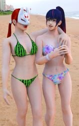 2_girls alluring bare_legs beach bikini black_and_red_and_purple_hair cleavage jenyukiph kitsune_marks kitsune_mask kunimitsu kunimitsu_ii lavender_eyes medium_bikini medium_breasts milf mother_and_daughter namco ocean red_hair tekken_1 tekken_2 tekken_7 tekken_8 tekken_tag_tournament tekken_tag_tournament_2 tropical_bikini watermelon_bikini