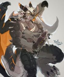 absurd_res animal_genitalia animal_penis anthro black_body blush bodily_fluids breath canine_genitalia canine_penis clenched_teeth crouching cum cum_covered_penis cum_drip cum_strand dragon dripping drooling erection genital_fluids genitals hair hand_on_pecs hi_res holding_own_penis knot looking_pleasured male masturbation muscular muscular_male mythological_creature mythological_scalie mythology nude one_eye_half-closed panting pecs penile penile_masturbation penis sackless saliva scalie signature solo sweat teeth white_hair wings yzmuya