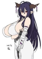 bandaged_arm bandages black_gloves black_hair breasts brown_horns danua draph dress female fingerless_gloves gloves granblue_fantasy hair_between_eyes highres horns houtengeki large_breasts long_hair pointy_ears red_eyes simple_background solo white_background white_dress