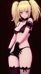 ani_(twitter) asymmetrical_legwear bangs bare_shoulders black_background black_bra black_choker black_gloves black_panties black_thighhighs blonde_hair blue_eyes blush bra breasts choker cleavage closed_mouth cowboy_shot dress female fishnet_thighhighs fishnets gloves grok grok_(x) hand_on_hip lace lingerie long_hair looking_at_viewer medium_breasts medium_hair navel panties see-through simple_background smile solo standing tagme thighhighs twintails underboob underwear underwear_only vaamos video