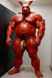 1anthro 1boy 1male 1man ai_generated anthro balls ballsack cock dick digimon furrypornaddiction guilmon locker_room looking_at_viewer male male_chest male_focus male_nipples male_only musclegut muscular muscular_male nipples pecs pectorals penis pubes realism realistic scrotum solo testicles