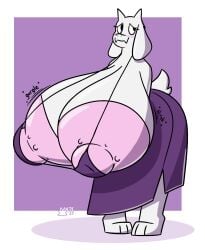 absurd_res anthro areola big_areola big_breasts big_nipples bikini bikini_top blush boss_monster_(undertale) bovid breasts caprine clothing english_text female floppy_ears goat hi_res horn huge_areola huge_breasts huge_nipples hyper hyper_breasts ineffective_clothing mammal mattthetooncat nipples onomatopoeia pink_areola pink_nipples robe smile solo sound_effects swimwear tail text toriel two-piece_swimsuit undertale undertale_(series) white_body