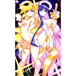 2girls arched_back areola_slip artist_logo artist_name bikini bikini_bottom_only bikini_bottom_pull blonde_hair blue_eyes blue_hair blue_nails bracelet breasts cleft_of_venus closed_mouth colored_inner_hair commentary covered_nipples english_commentary gold_bikini gold_thighhighs golden_week gun halo handgun highres holding holding_gun holding_sword holding_weapon jewelry katana krokobyaka large_breasts logo long_hair looking_at_viewer medium_breasts multicolored_hair multiple_girls navel necklace nipples open_mouth panties panty_&_stocking_with_garterbelt panty_(psg) panty_pull perky_breasts pink_hair pinky_out pussy red_nails second-party_source stocking_(psg) stomach striped_clothes striped_thighhighs swimsuit sword thighhighs topless_female trigger_discipline two-tone_hair underwear weapon