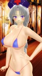 2025 3d big_breasts bikini blue_bikini blush breasts clavicle cleavage eirin_yagokoro female grey-haired_female hat hati_yukkuri_mmd headwear hips interior_background light-skinned_female long-haired_female mmd navel nurse_cap pink-eyed_female smiling_at_viewer swimsuit touhou uncanny_valley waist